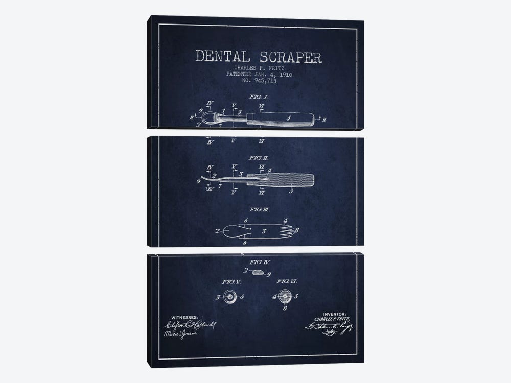 Dental Scraper Navy Blue Patent Blueprint by Aged Pixel 3-piece Art Print