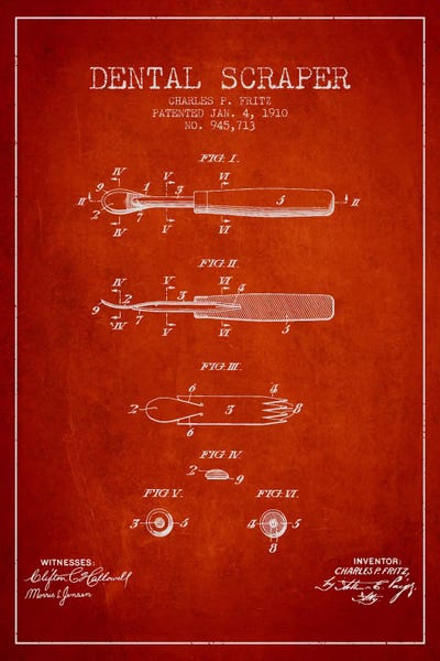 Dental Scraper Red Patent Blueprint by Aged Pixel framed wall art