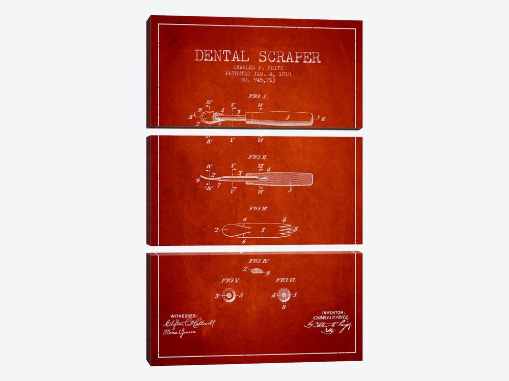 Dental Scraper Red Patent Blueprint by Aged Pixel 3-piece Canvas Artwork