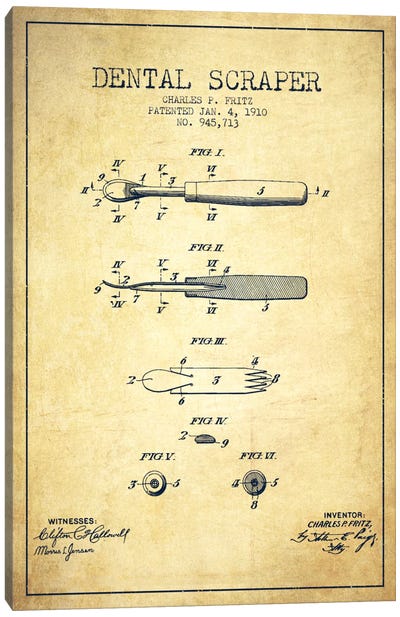 Dental Scraper Vintage Patent Blueprint Canvas Art Print - Aged Pixel: Medical & Dental
