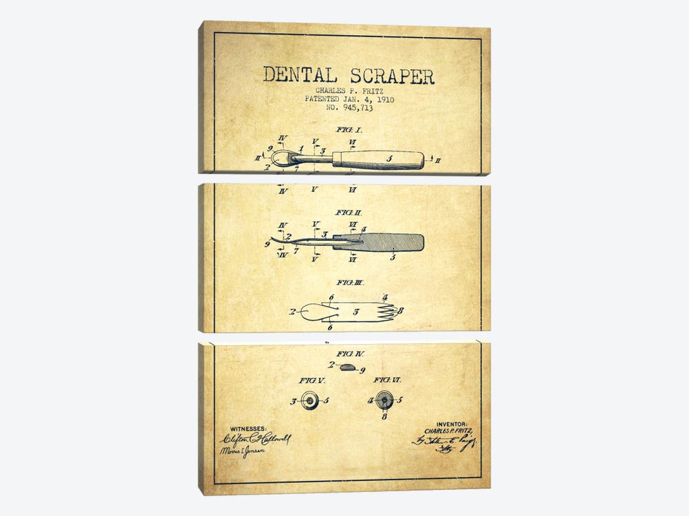 Dental Scraper Vintage Patent Blueprint by Aged Pixel 3-piece Canvas Print