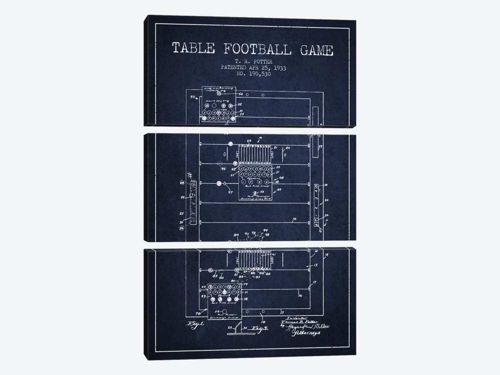 Table Football Navy Blue Patent Blueprint by Aged Pixel 3-piece Canvas Print