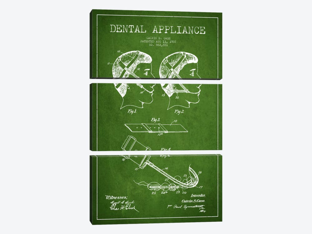 Dental Appliance Green Patent Blueprint by Aged Pixel 3-piece Canvas Artwork