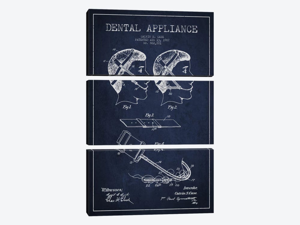 Dental Appliance Navy Blue Patent Blueprint by Aged Pixel 3-piece Canvas Print