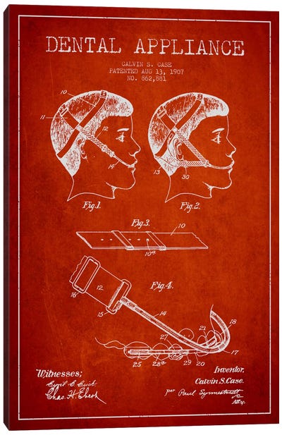 Dental Appliance Red Patent Blueprint Canvas Art Print - Aged Pixel: Medical & Dental