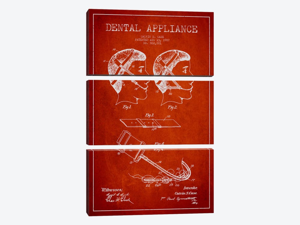 Dental Appliance Red Patent Blueprint by Aged Pixel 3-piece Canvas Artwork