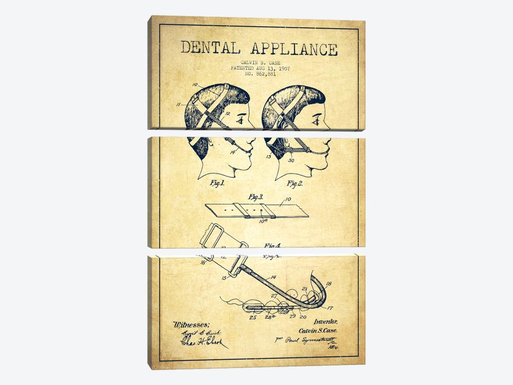 Dental Appliance Vintage Patent Blueprint by Aged Pixel 3-piece Canvas Art Print