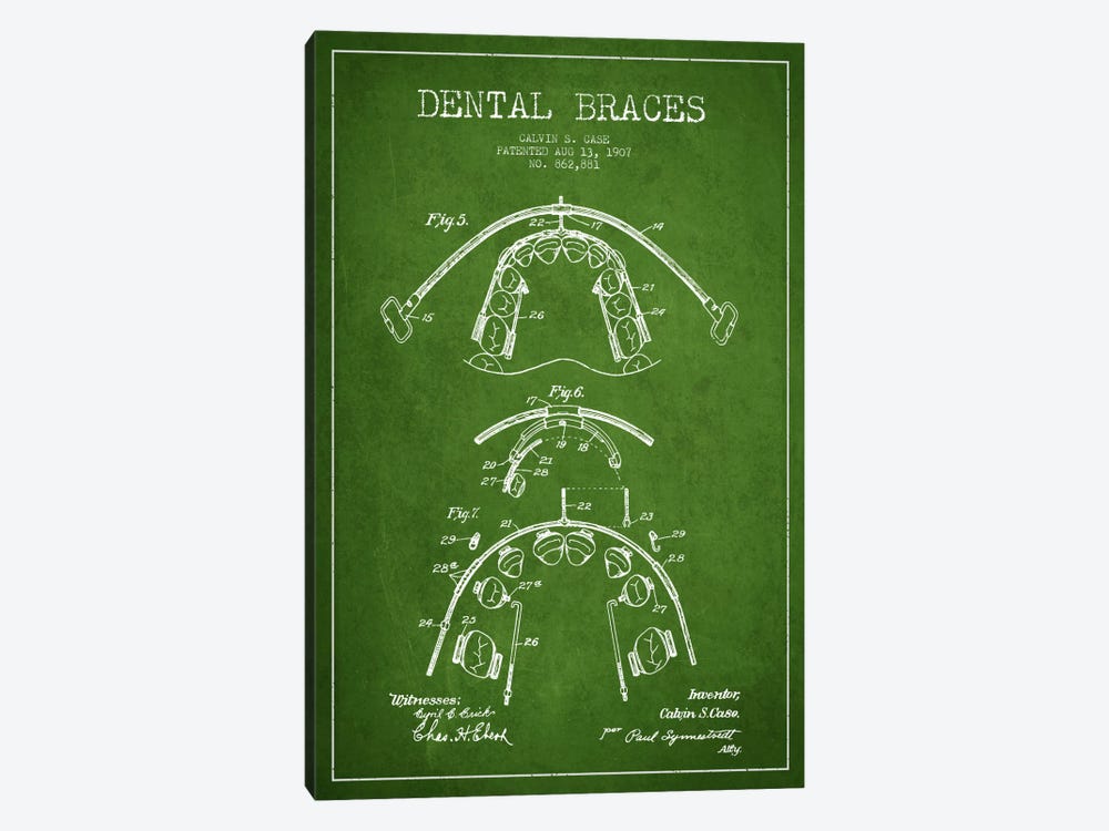 Dental Braces Green Patent Blueprint by Aged Pixel 1-piece Canvas Art Print