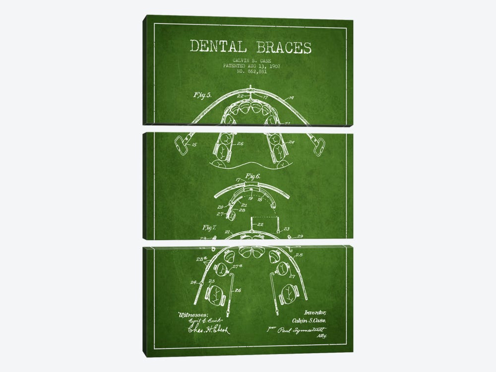 Dental Braces Green Patent Blueprint by Aged Pixel 3-piece Canvas Art Print