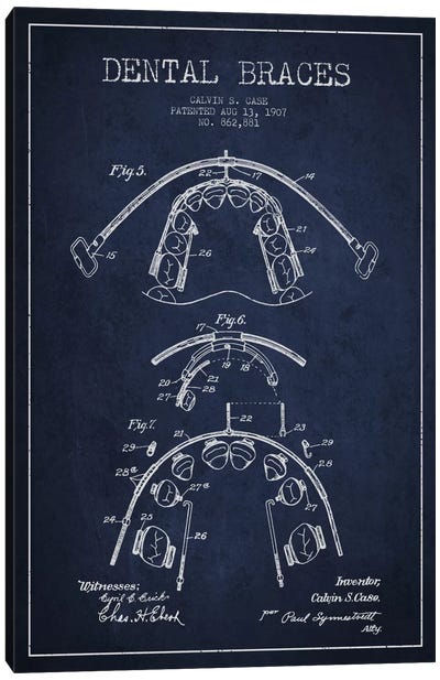 Dental Braces Navy Blue Patent Blueprint Canvas Art Print - Aged Pixel: Medical & Dental