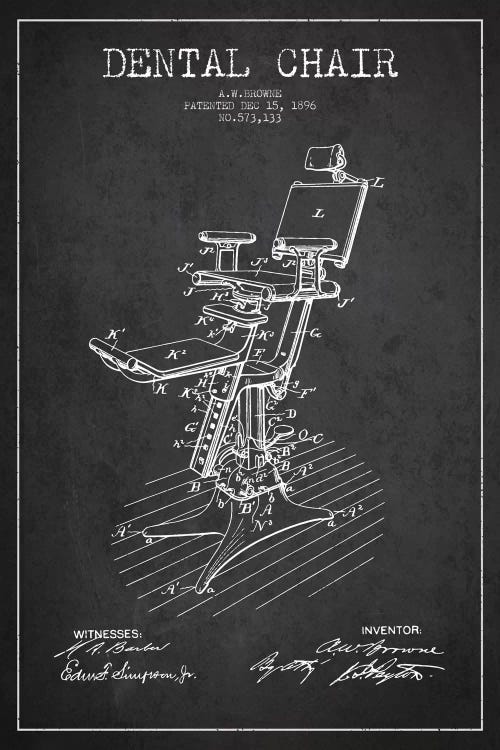 Dental Chair Charcoal Patent Blueprint by Aged Pixel wall art