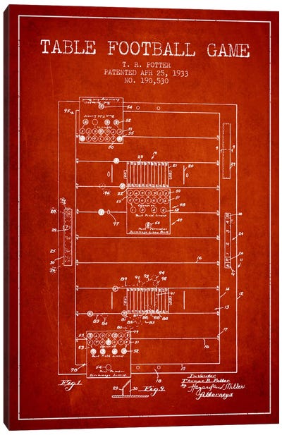 Table Football Red Patent Blueprint Canvas Art Print - Toy & Game Blueprints