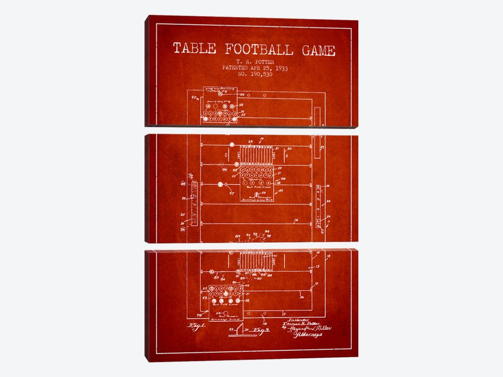 Table Football Red Patent Blueprint by Aged Pixel 3-piece Canvas Artwork
