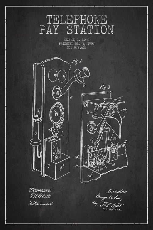 Long Telephone Dark Patent Blueprint by Aged Pixel wall art