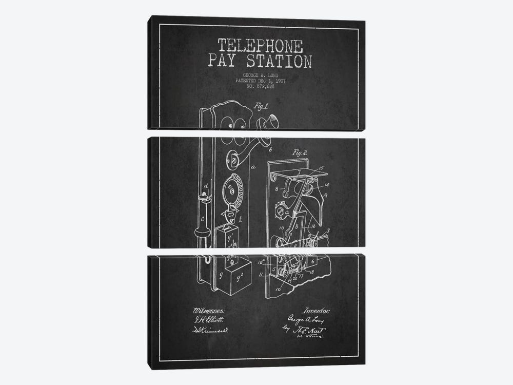 Long Telephone Dark Patent Blueprint by Aged Pixel 3-piece Canvas Print