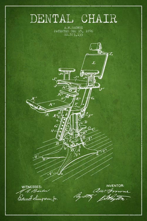Dental Chair Green Patent Blueprint by Aged Pixel wall art