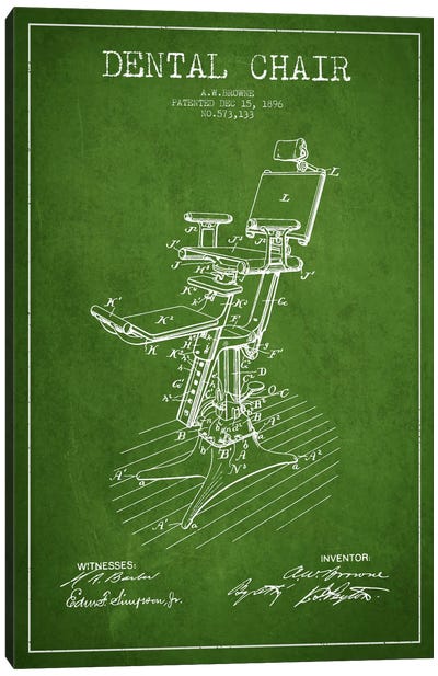 Dental Chair Green Patent Blueprint Canvas Art Print