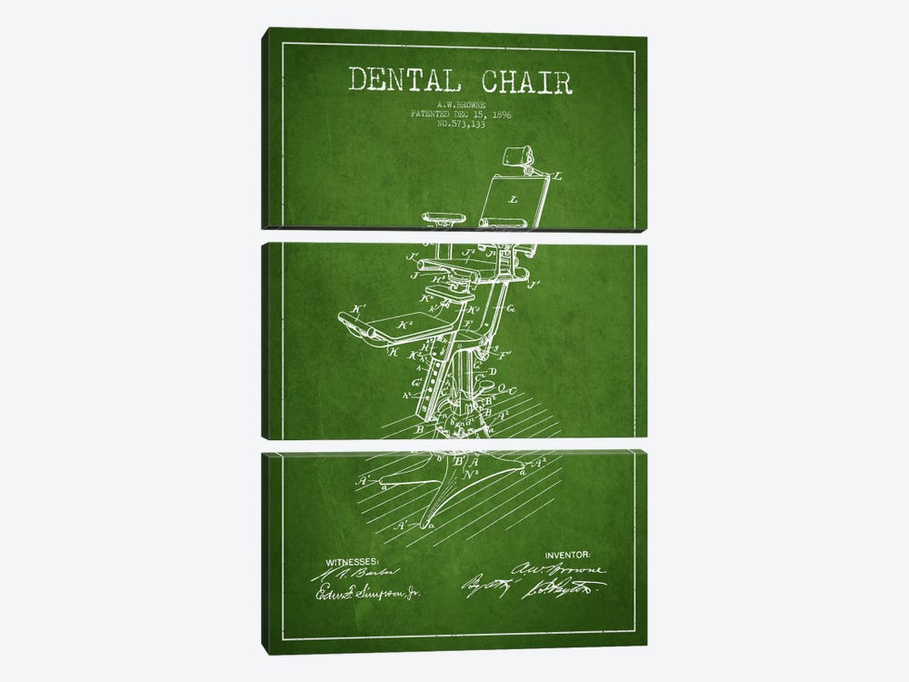Dental Chair Green Patent Blueprint by Aged Pixel 3-piece Canvas Art Print
