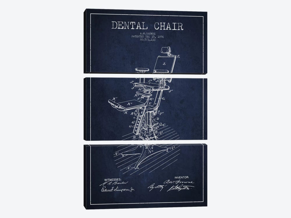 Dental Chair Navy Blue Patent Blueprint by Aged Pixel 3-piece Canvas Wall Art
