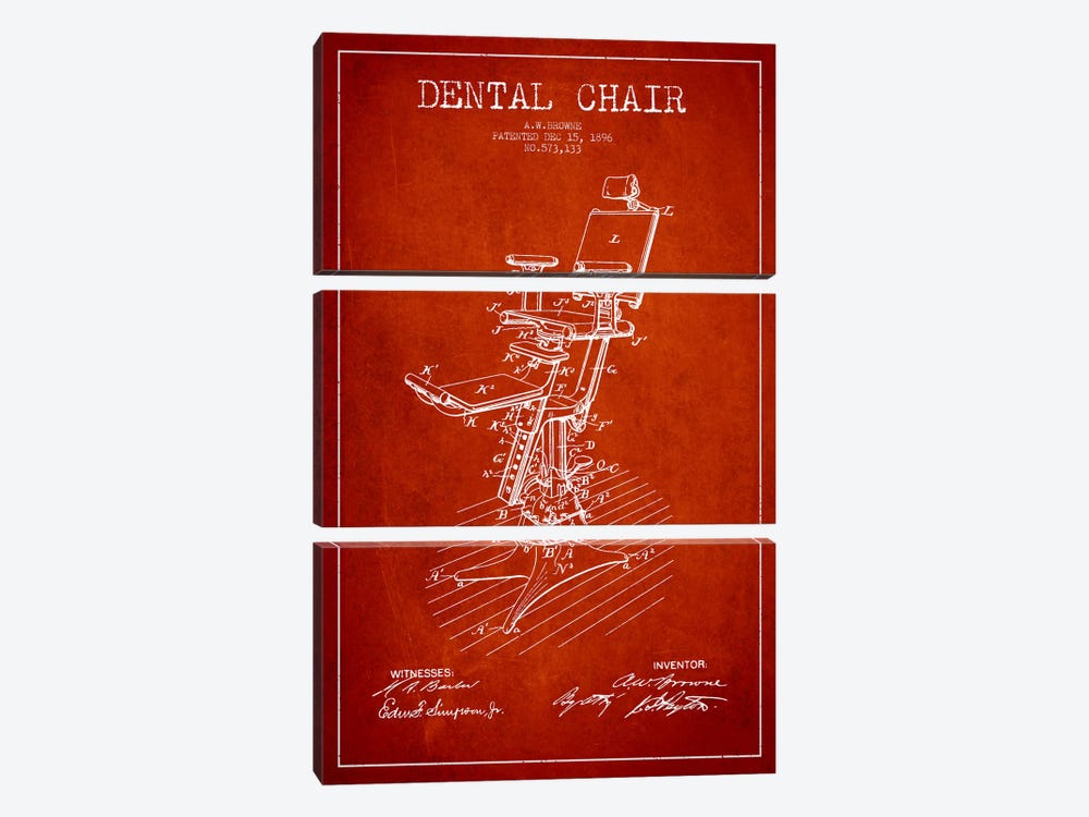 Dental Chair Red Patent Blueprint by Aged Pixel 3-piece Canvas Art Print