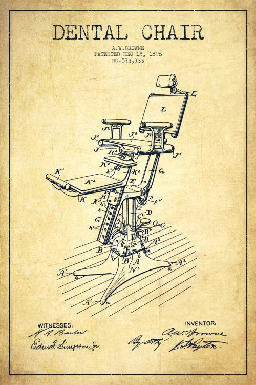 Dental Chair Vintage Patent Blueprint by Aged Pixel wall art