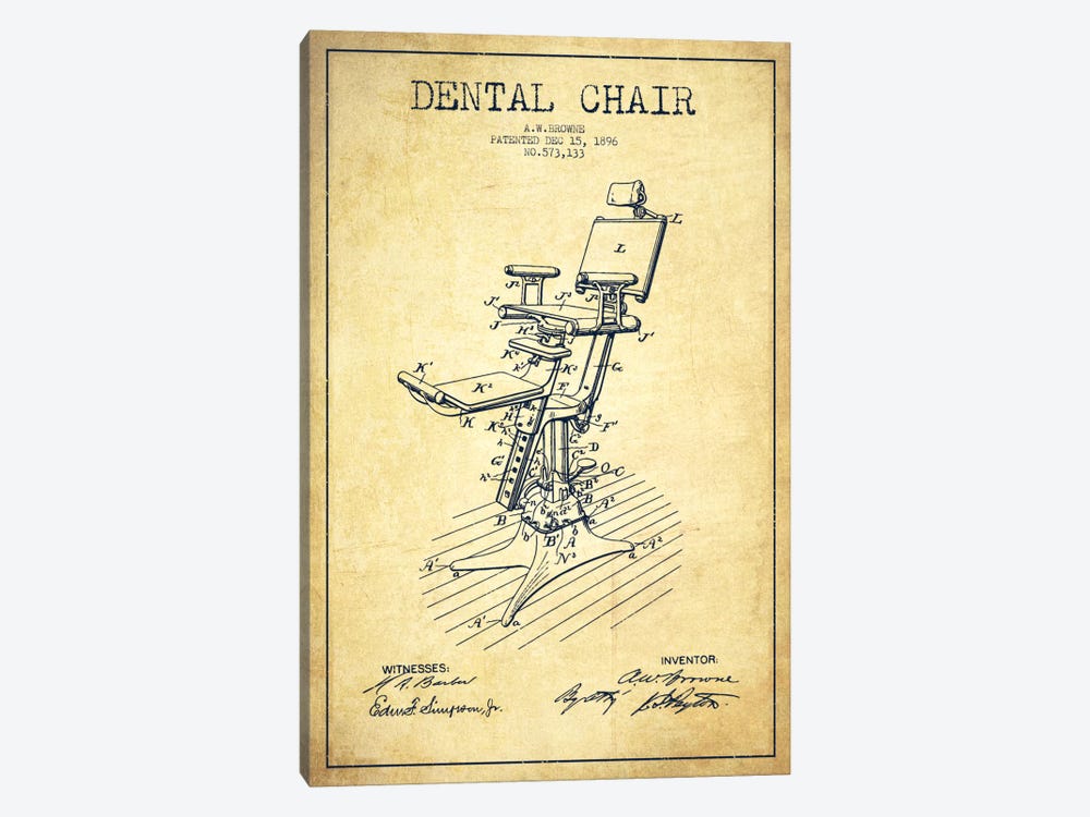 Dental Chair Vintage Patent Blueprint by Aged Pixel 1-piece Canvas Wall Art