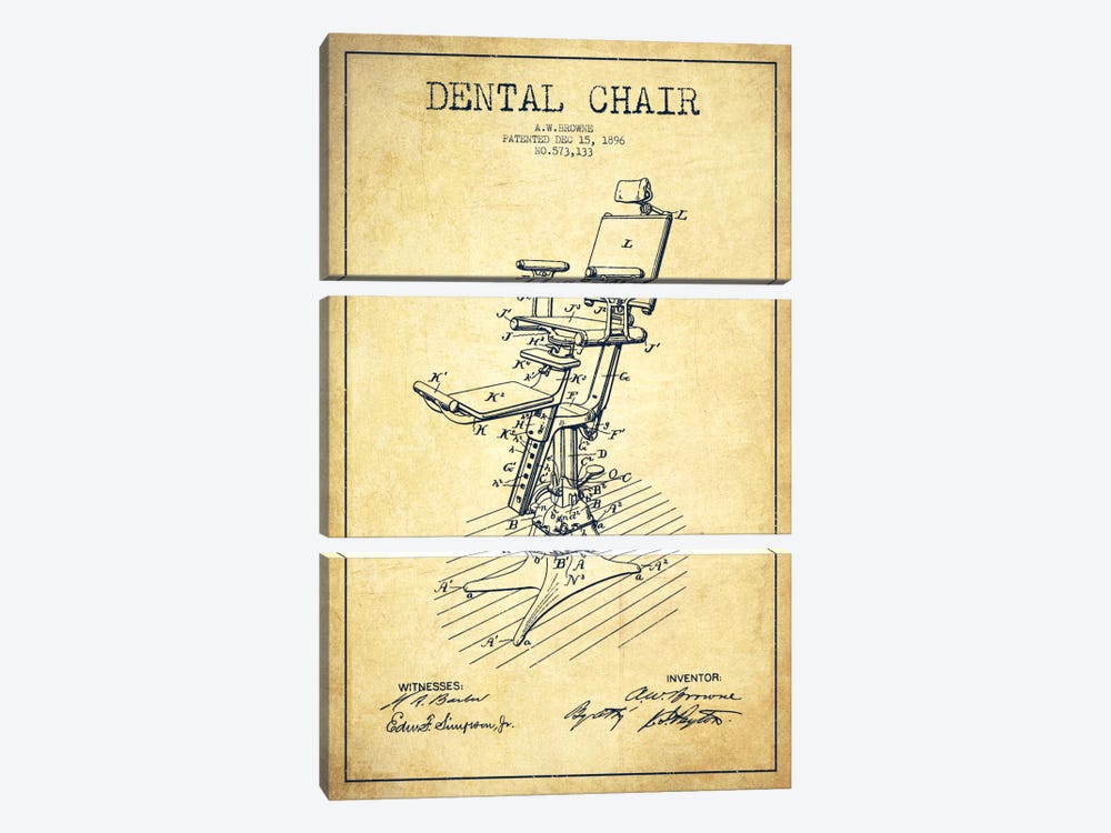 Dental Chair Vintage Patent Blueprint by Aged Pixel 3-piece Canvas Artwork