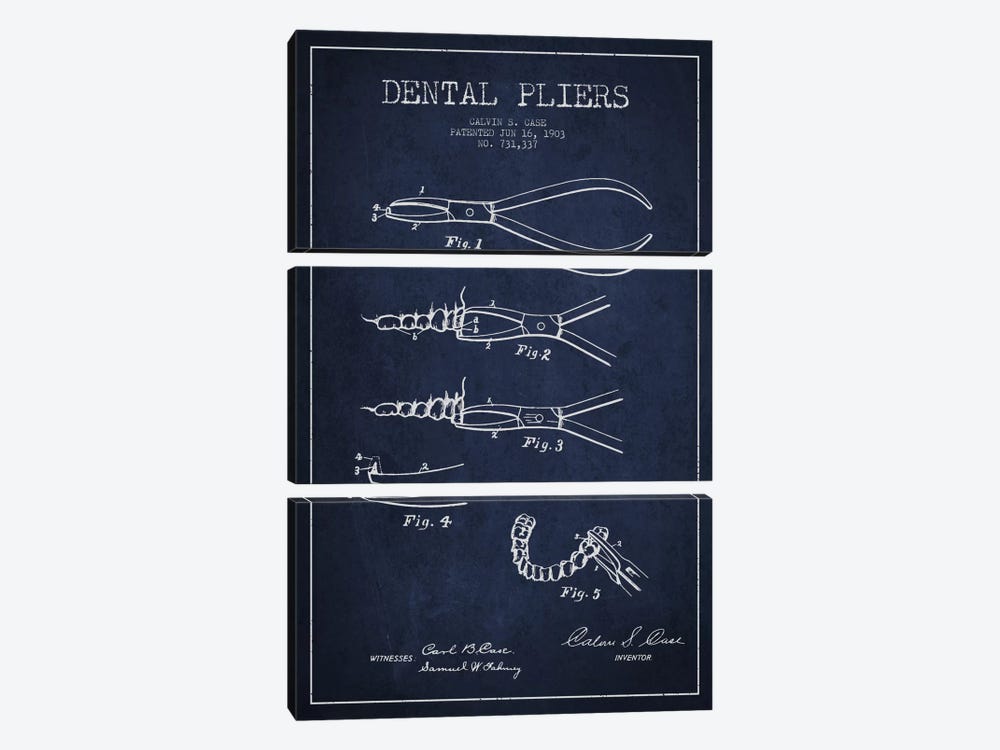 Dental Pliers Navy Blue Patent Blueprint by Aged Pixel 3-piece Canvas Art Print