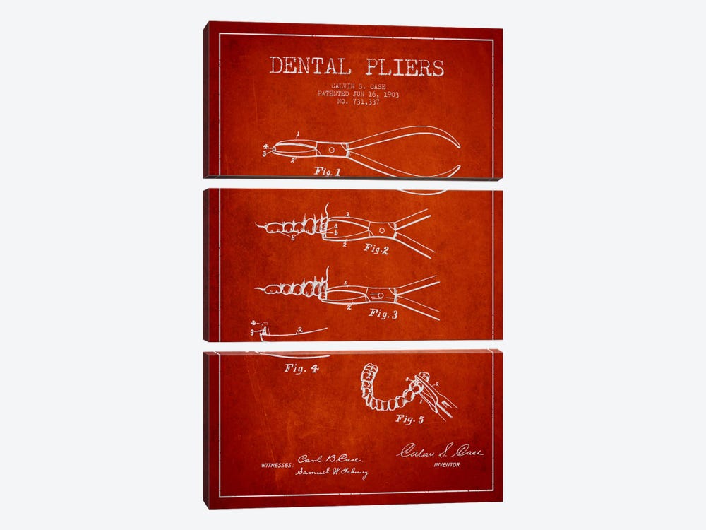 Dental Pliers Red Patent Blueprint by Aged Pixel 3-piece Canvas Artwork