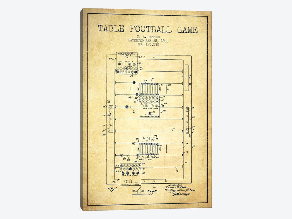 Table Football Vintage Patent Blueprint by Aged Pixel 1-piece Canvas Art