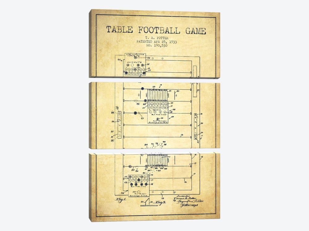 Table Football Vintage Patent Blueprint by Aged Pixel 3-piece Canvas Wall Art