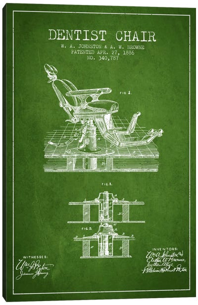 Dentist Chair Green Patent Blueprint Canvas Art Print - Aged Pixel: Medical & Dental