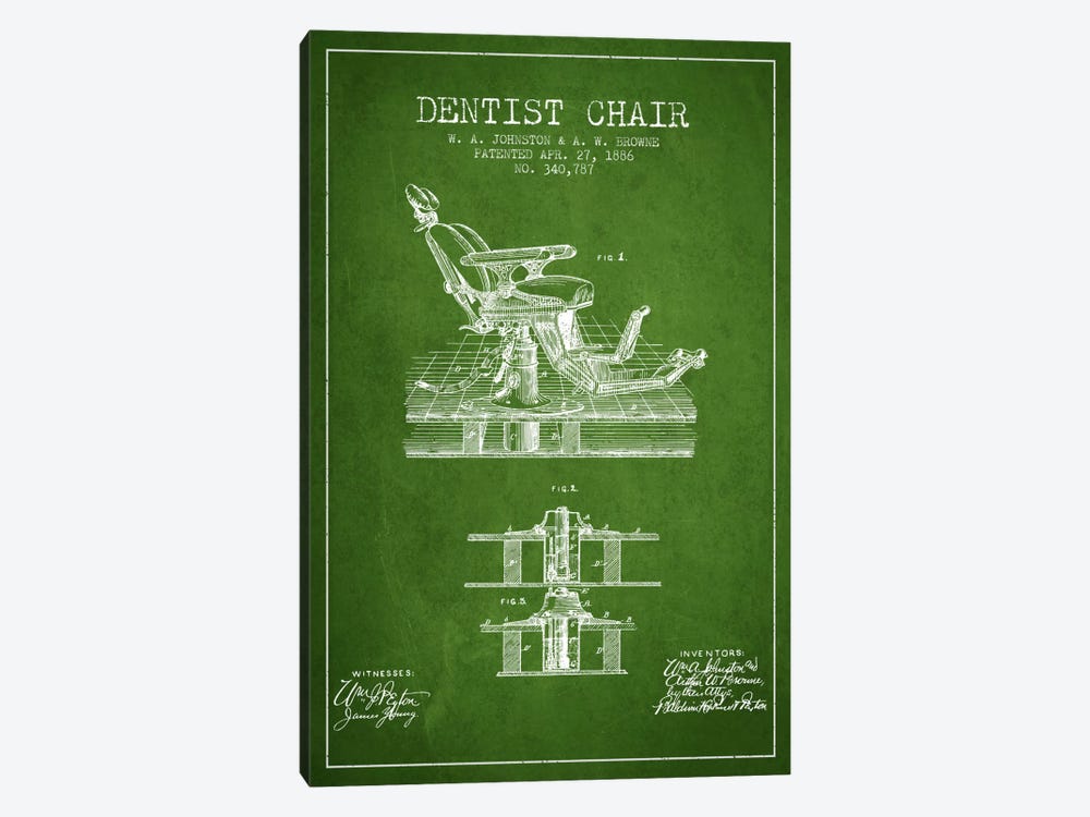 Dentist Chair Green Patent Blueprint by Aged Pixel 1-piece Canvas Art