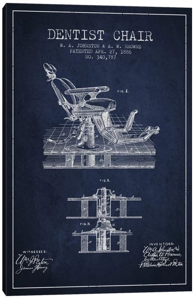 Dentist Chair Navy Blue Patent Blueprint Canvas Art Print - Medical & Dental Blueprints