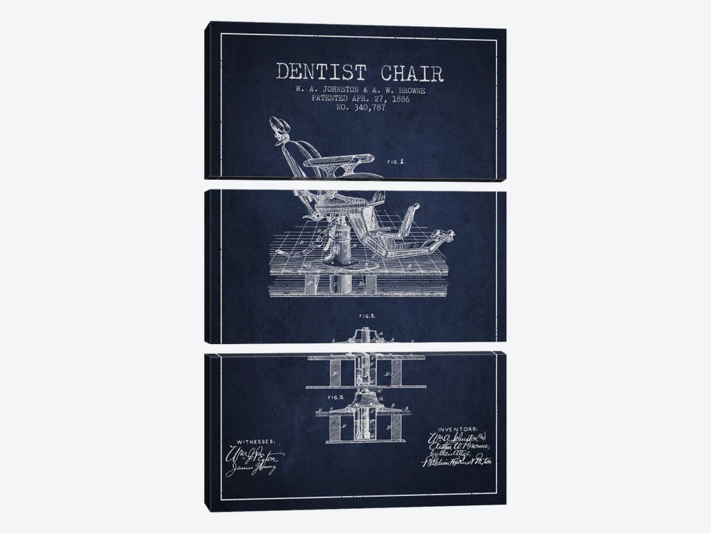 Dentist Chair Navy Blue Patent Blueprint by Aged Pixel 3-piece Canvas Print