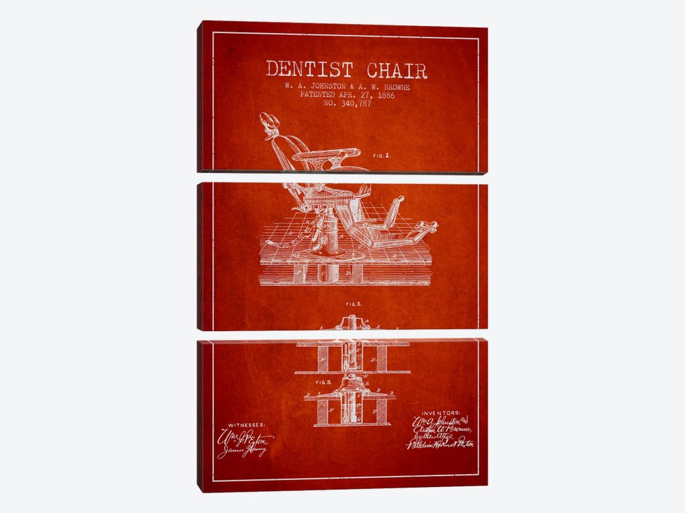 Dentist Chair Red Patent Blueprint by Aged Pixel 3-piece Canvas Art