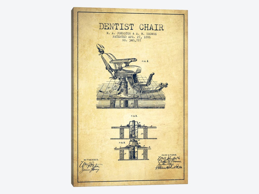 Dentist Chair Vintage Patent Blueprint by Aged Pixel 1-piece Canvas Art Print