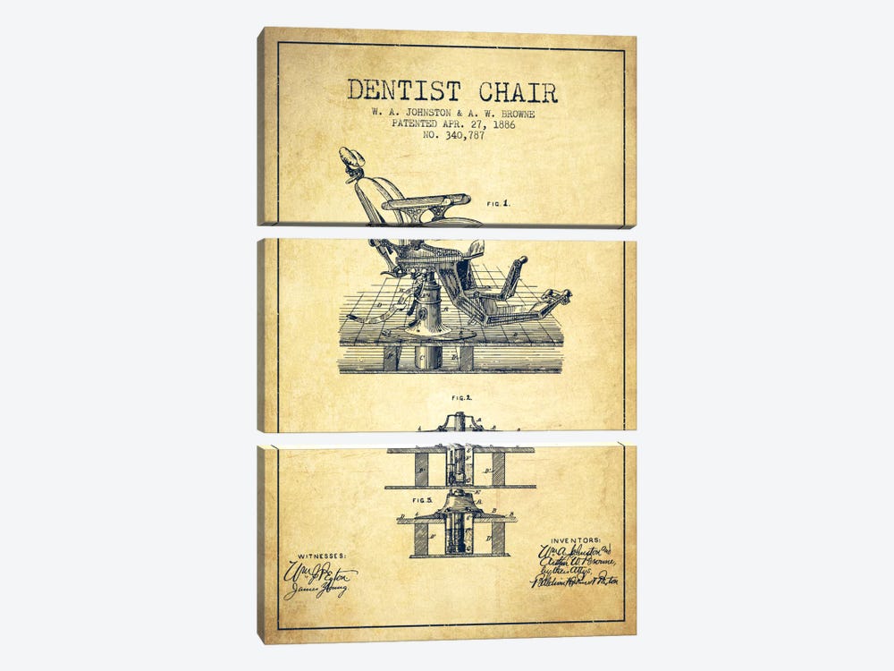 Dentist Chair Vintage Patent Blueprint by Aged Pixel 3-piece Art Print