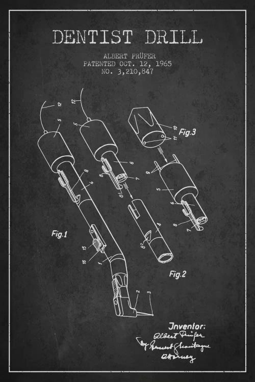 Dentist Drill Charcoal Patent Blueprint