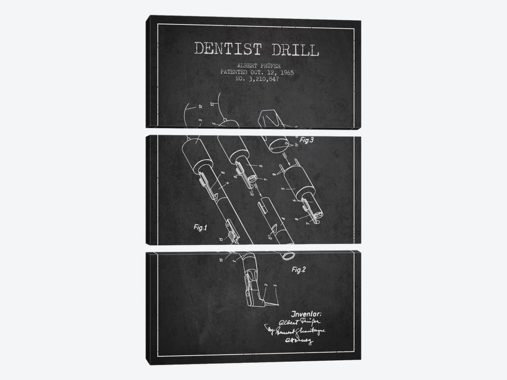 Dentist Drill Charcoal Patent Blueprint by Aged Pixel 3-piece Canvas Wall Art
