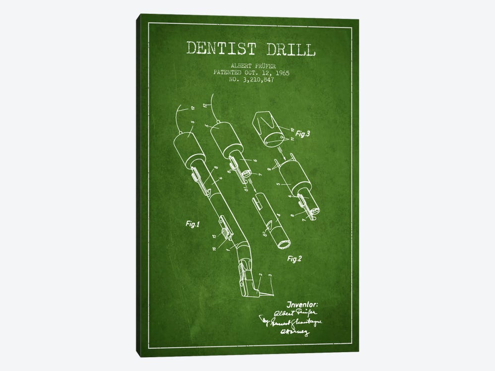 Dentist Drill Green Patent Blueprint by Aged Pixel 1-piece Canvas Art Print