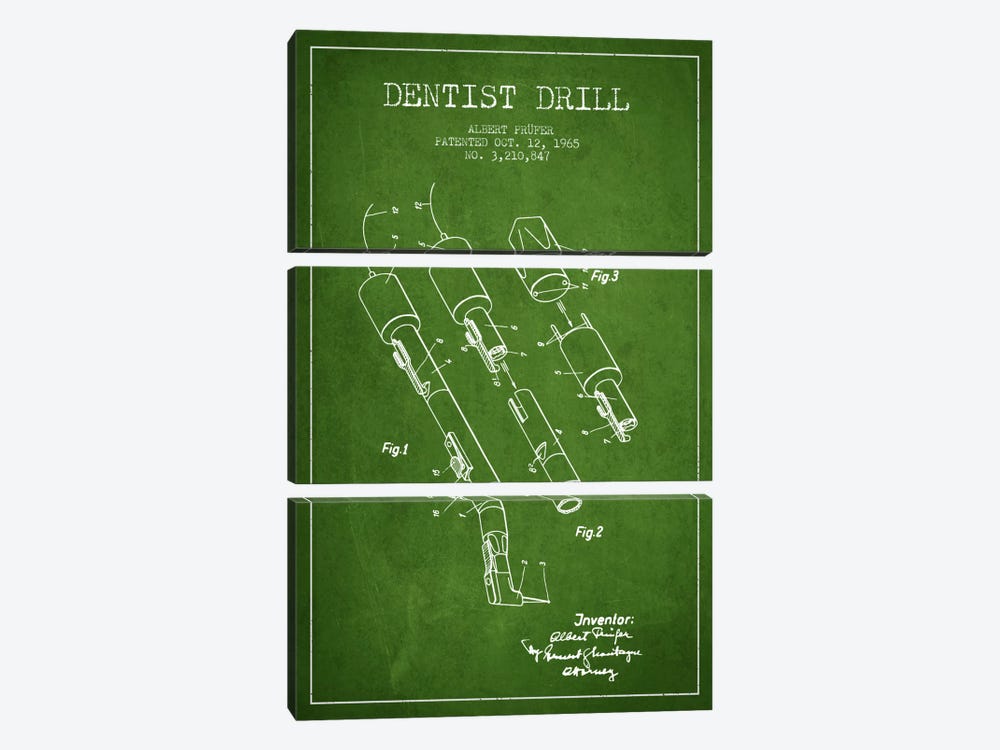 Dentist Drill Green Patent Blueprint by Aged Pixel 3-piece Art Print