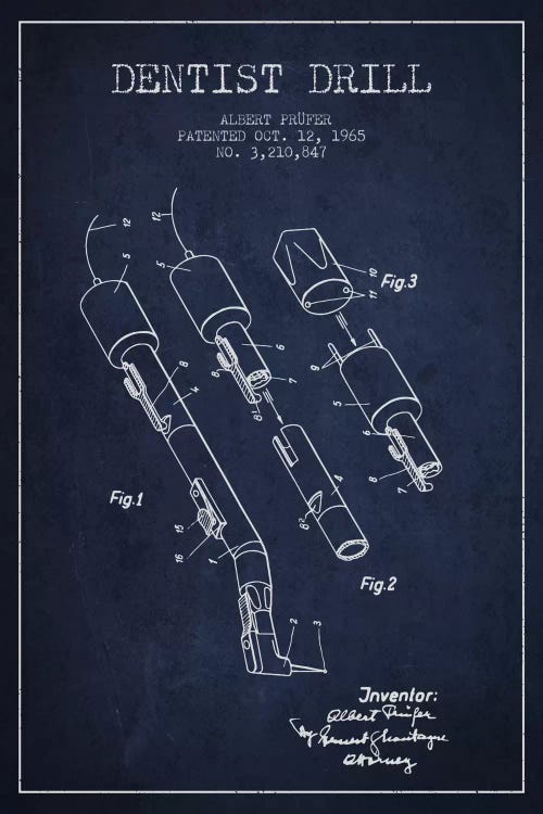 Dentist Drill Navy Blue Patent Blueprint by Aged Pixel wall art
