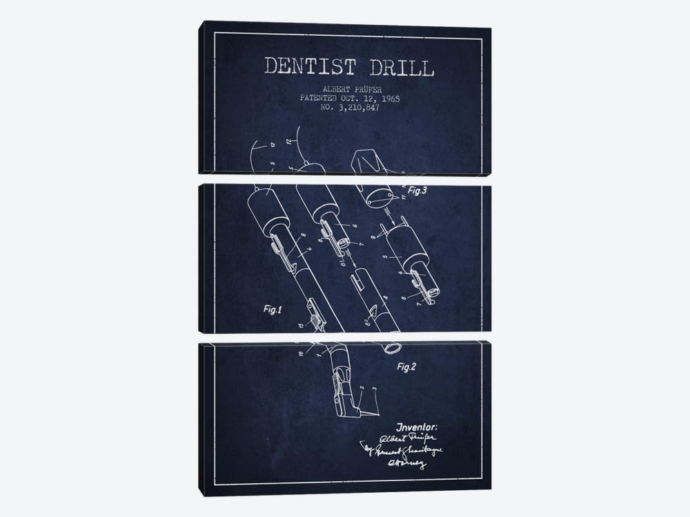 Dentist Drill Navy Blue Patent Blueprint by Aged Pixel 3-piece Canvas Artwork