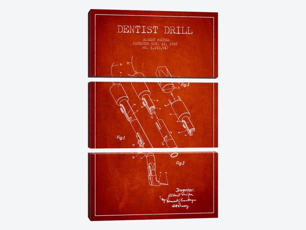 Dentist Drill Red Patent Blueprint by Aged Pixel 3-piece Canvas Print