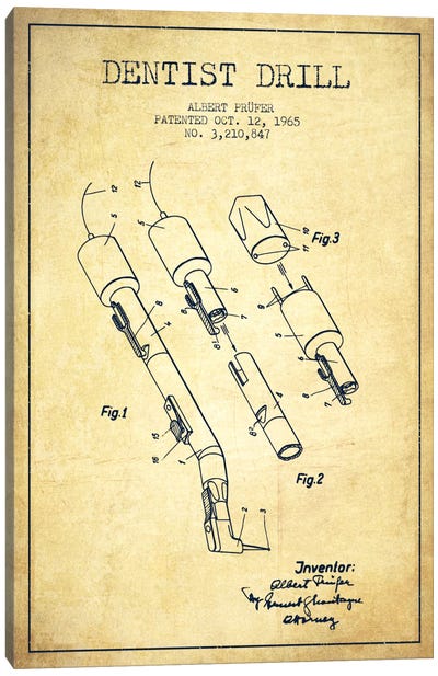 Dentist Drill Vintage Patent Blueprint Canvas Art Print - Aged Pixel: Medical & Dental