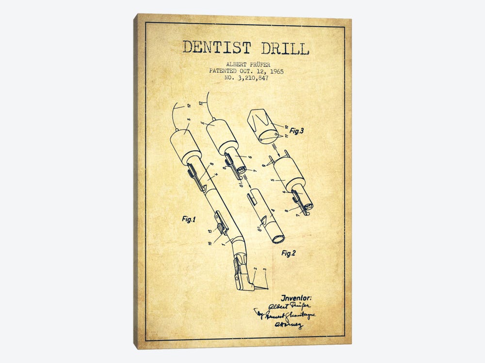 Dentist Drill Vintage Patent Blueprint by Aged Pixel 1-piece Canvas Art