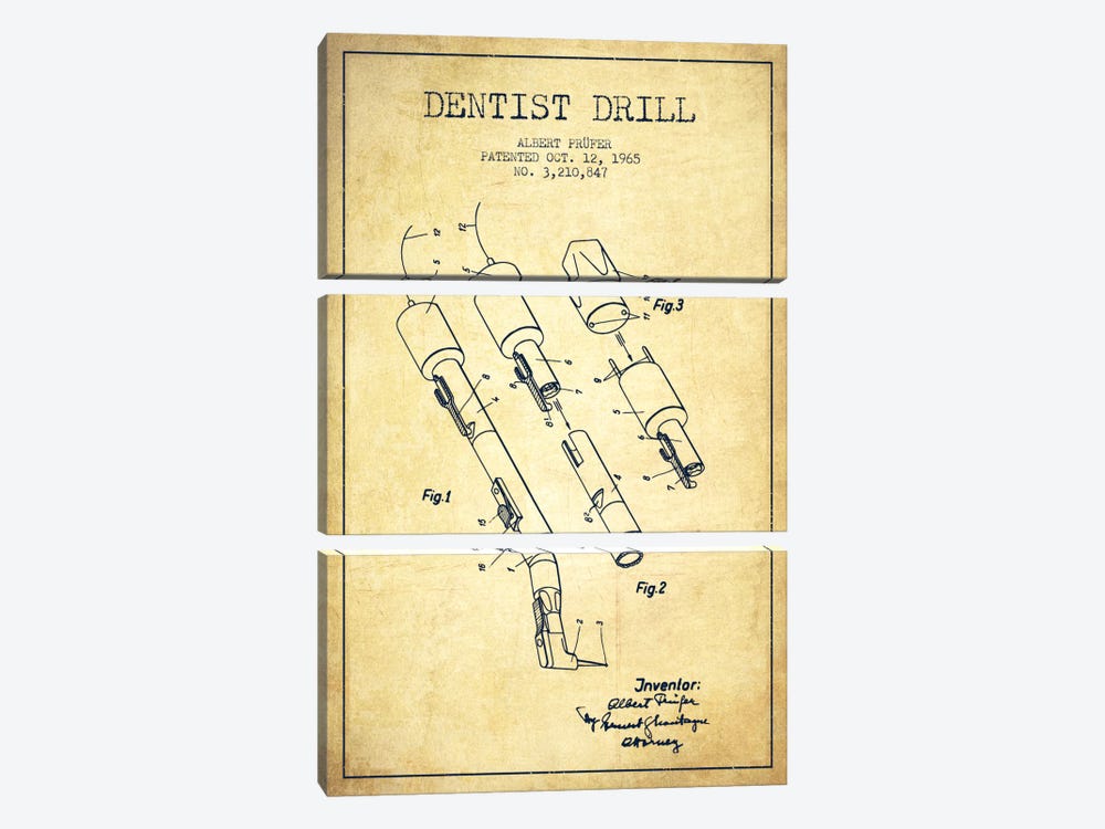 Dentist Drill Vintage Patent Blueprint by Aged Pixel 3-piece Canvas Artwork