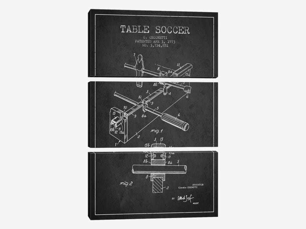 Table Soccer Charcoal Patent Blueprint by Aged Pixel 3-piece Canvas Print