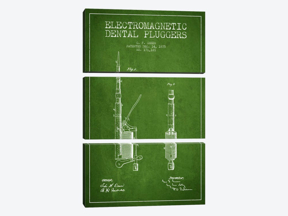 Electromagnetic Dental Pluggers Green Patent Blueprint by Aged Pixel 3-piece Canvas Artwork